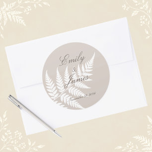 Mocha Taupe White Fern Elegant Wedding Classic Round Sticker