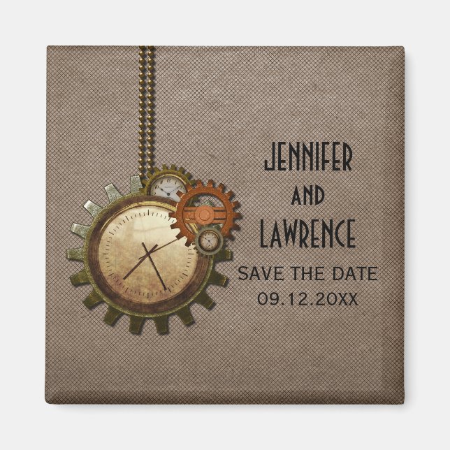 Mocha Vintage Clock Save the Date Magnet (Front)