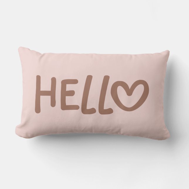 Mocha Whimsical Heart Typography Hello Lumbar Cushion (Front)