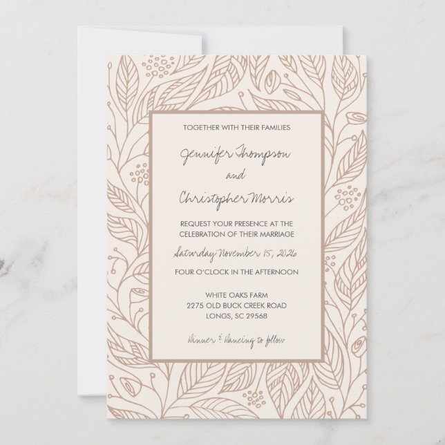 Mocha Whimsy Hand Drawn Foliage Wedding Invitation (Front)