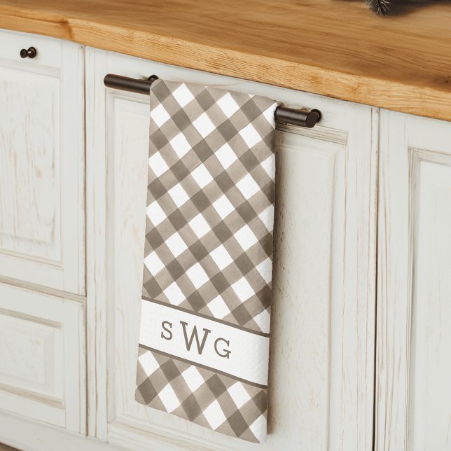 Mocha & White Buffalo Plaid Three Initial Monogram Tea Towel (Creator Uploaded)
