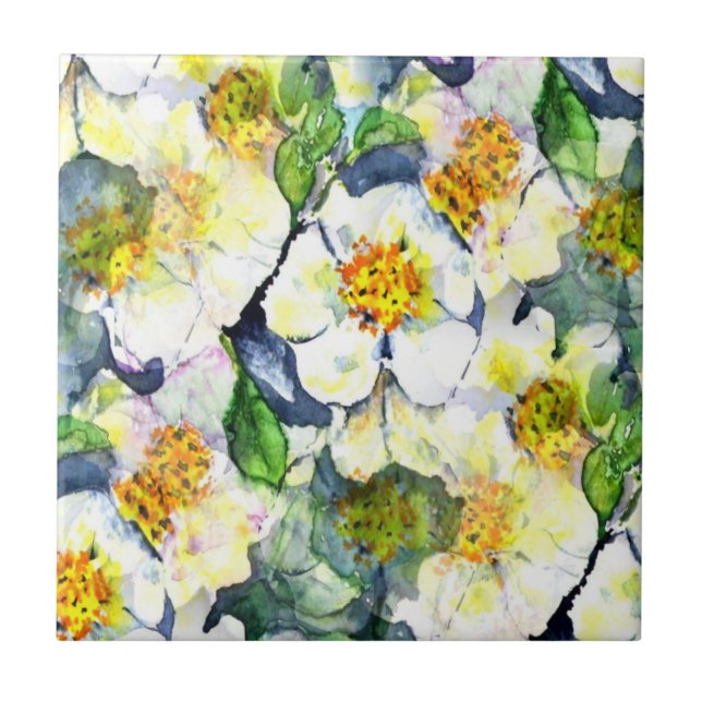 Mock Orange Seamless Floral Pattern Ceramic Tile (Front)