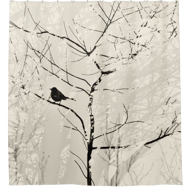 Mockingbird in Silhouette Trees Almond Black Shower Curtain (Front)