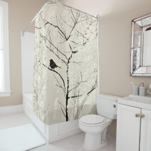 Mockingbird in Tree Light Cream Charcoal Black Shower Curtain