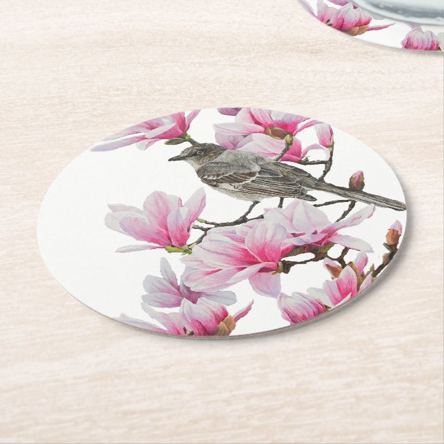 Mockingbird / Magnolias Round Paper Coaster (Angled)