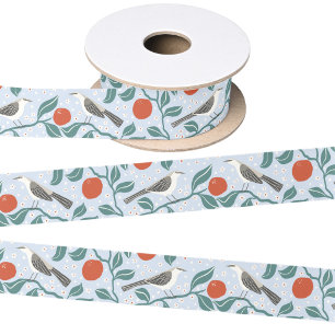 Mockingbird Orange Blossom Bird Flower Blue Satin Ribbon