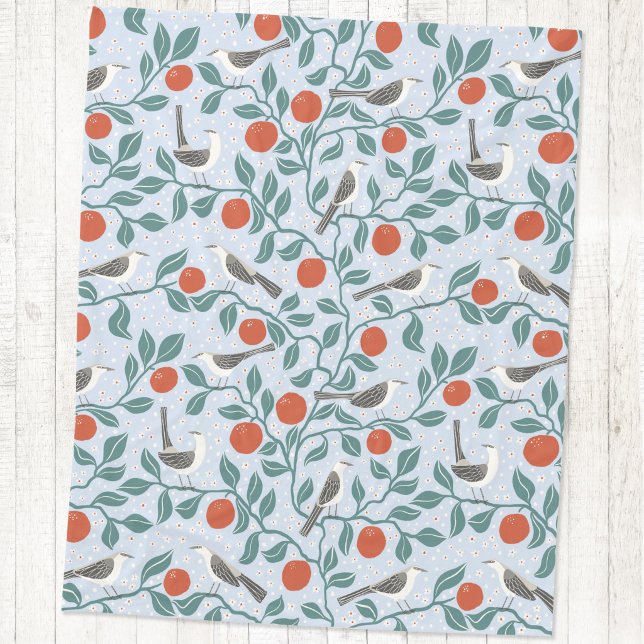 Mockingbird Orange Blossom Bird Flower Light Blue Fleece Blanket (Mockingbird and orange blossom bird and botanical fleece blanket)