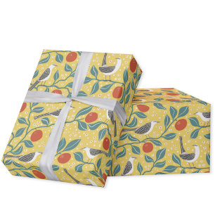Mockingbird Orange Blossom Bird Flower Yellow Wrapping Paper