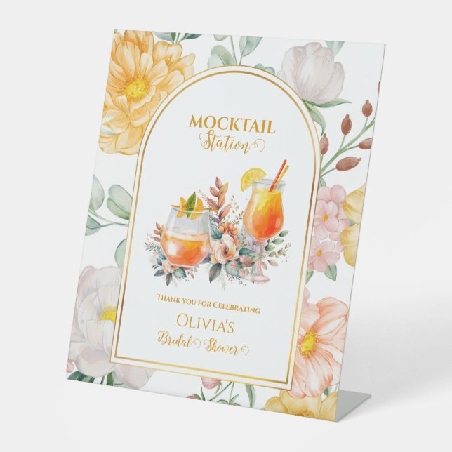 Mocktail Station Floral Bridal Shower Drink Bar Pedestal Sign (Front)