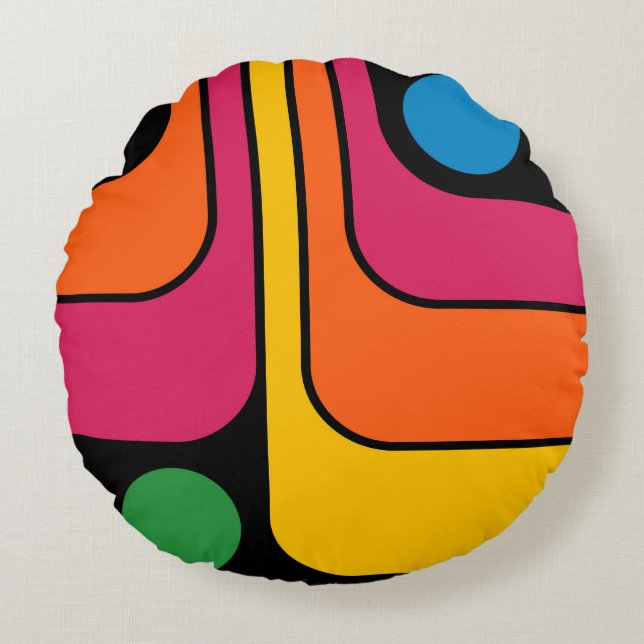 Mod 1970s Retro Style Geometric Design Round Cushion (Front)