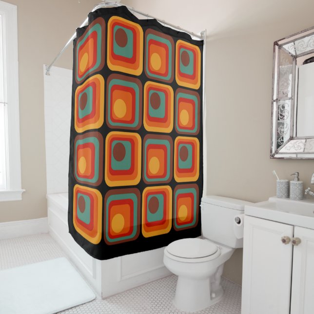 Mod 1970s Retro Style Geometric Design Shower Curtain (In Situ)