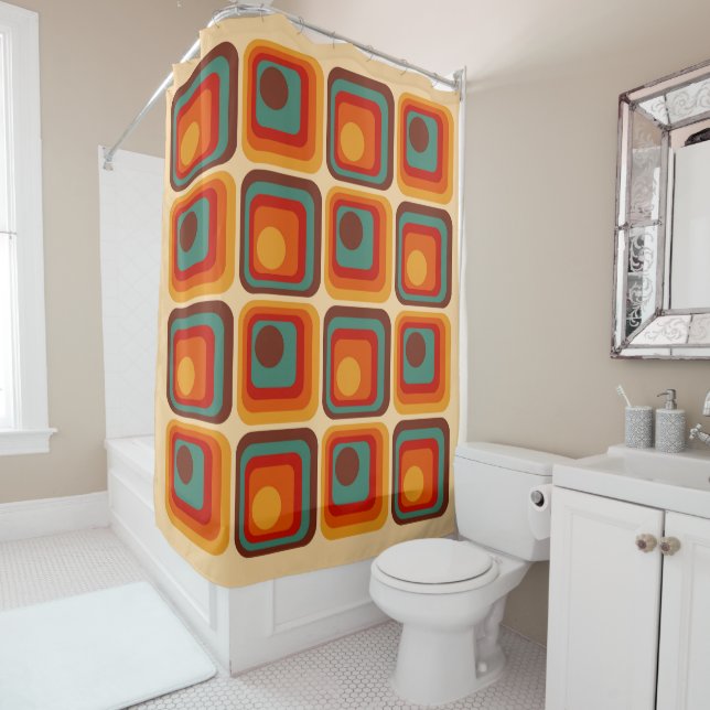 Mod 1970s Retro Style Geometric Design Shower Curtain (In Situ)