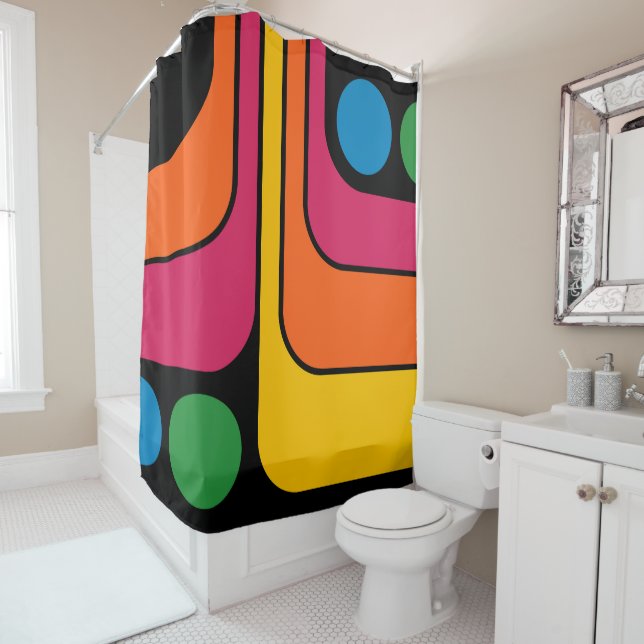Mod 1970s Retro Style Geometric Design Shower Curtain (In Situ)