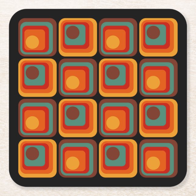 Mod 1970s Retro Style Geometric Design Square Paper Coaster (Front)