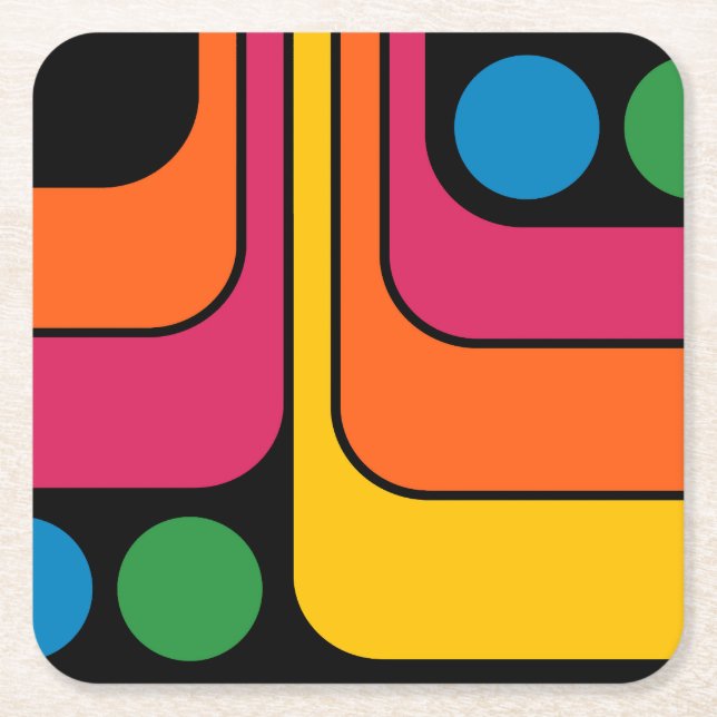 Mod 1970s Retro Style Geometric Design Square Paper Coaster (Front)