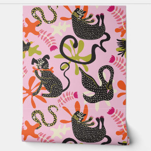 Mod Abstract Primitive Cats & Dogs Pattern pink Wallpaper