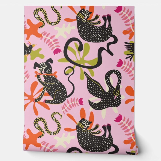 Mod Abstract Primitive Cats & Dogs Pattern pink Wallpaper (Unrolling)