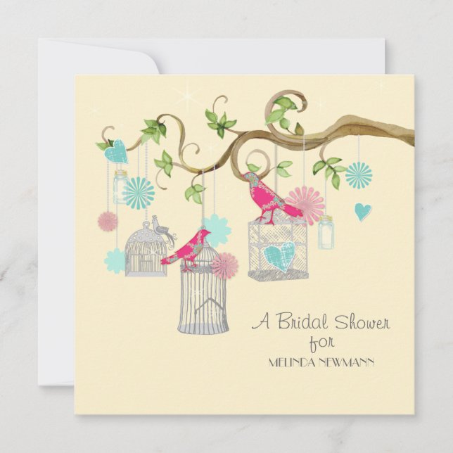 Mod Bird Cage Mason Jar Floral Swirl Tree Branch Invitation (Front)