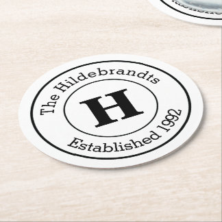 Mod Black and White Custom Monogram Family Round Paper Coaster