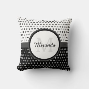 Mod Black and White Polka Dots Monogram With Name Cushion