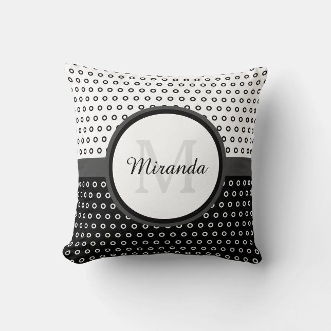Mod Black and White Polka Dots Monogram With Name Cushion (Front)