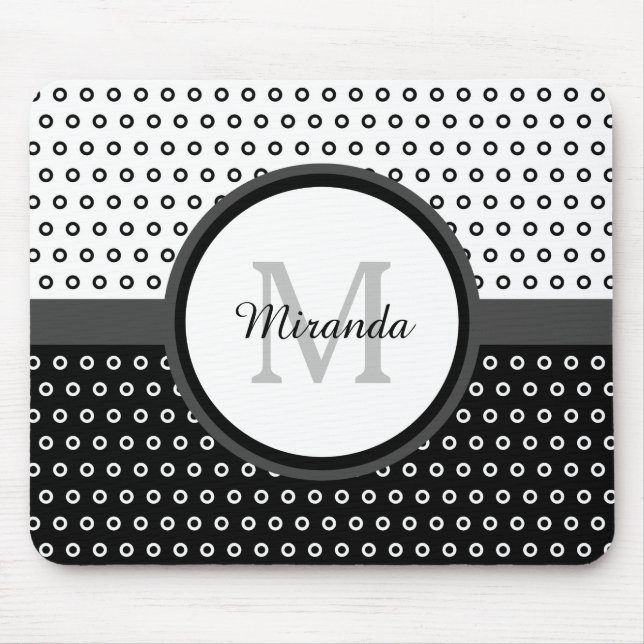 Mod Black and White Polka Dots Monogram With Name Mouse Pad (Front)