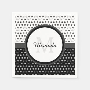 Mod Black and White Polka Dots Monogram With Name Napkin