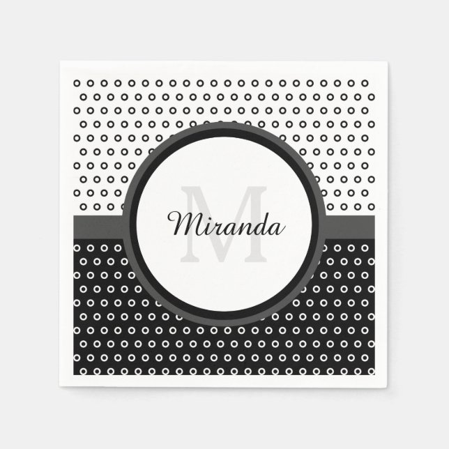 Mod Black and White Polka Dots Monogram With Name Napkin (Front)