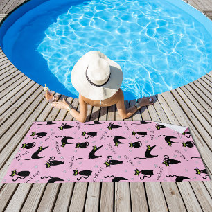 Mod Black Cats Custom Name and Phrase Beach Towel