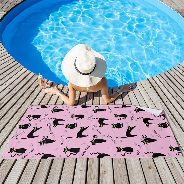 Mod Black Cats Custom Name and Phrase Beach Towel (Creator Uploaded)