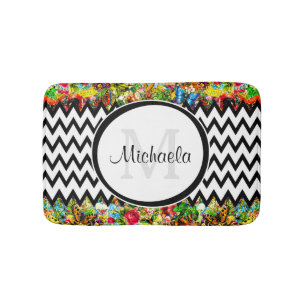 Mod Black Chevron Vintage Floral Monogram and Name Bath Mat