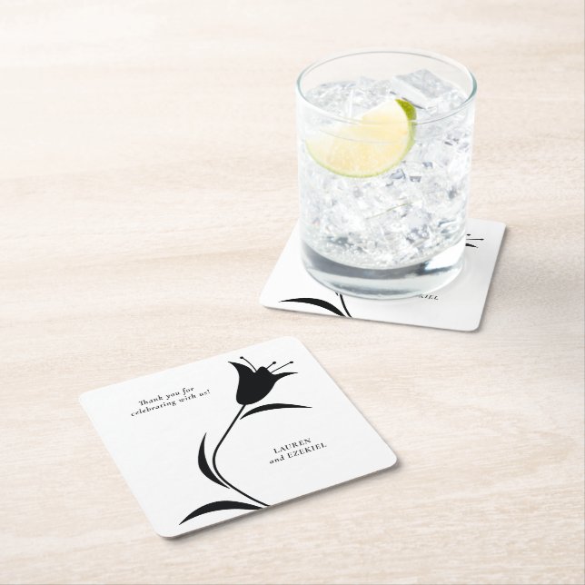 MOD BLACK TULIP WEDDING SQUARE PAPER COASTER (Insitu)