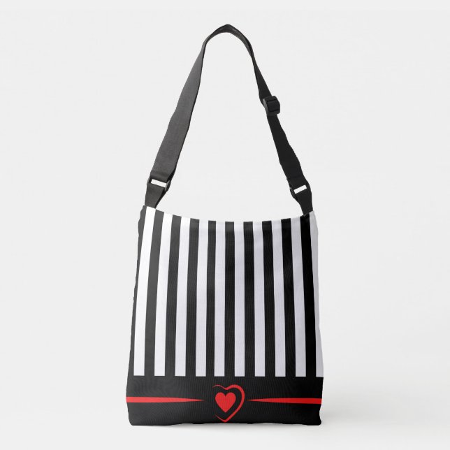 Mod Black & White Stripes with Bright Red Heart Crossbody Bag (Front)
