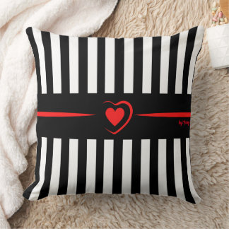 Mod Black & White Stripes with Bright Red Heart Cushion