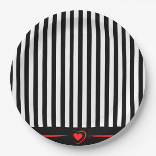 Mod Black & White Stripes with Bright Red Heart Paper Plate