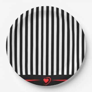 Mod Black & White Stripes with Bright Red Heart Paper Plate
