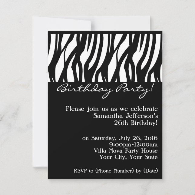 Mod Black Zebra Birthday Party Invitations (Front)