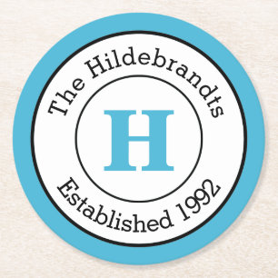 Mod Blue black and White Custom Monogram Family Round Paper Coaster