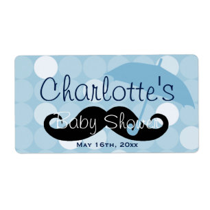 Mod Blue Dot Moustache Baby Shower Water Bottle