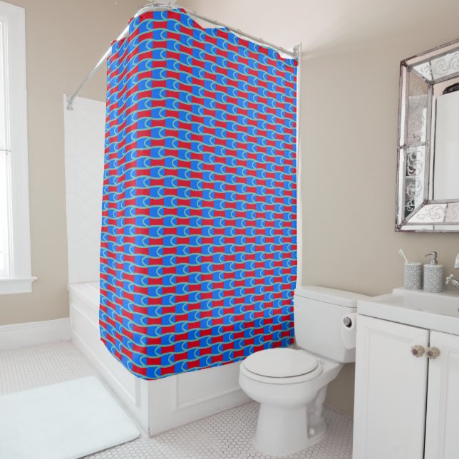 Mod Bright Blue Groovy Retro Geometric Pattern Shower Curtain (In Situ)