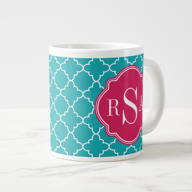 Mod Bright Blue Trellis Pink Monogram Large Coffee Mug (Front Right)