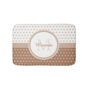 Mod Brown and White Polka Dots Monogram With Name Bath Mat