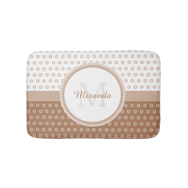 Mod Brown and White Polka Dots Monogram With Name Bath Mat (Front)