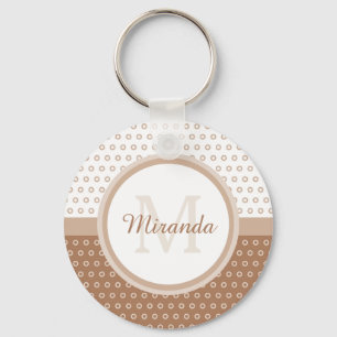 Mod Brown and White Polka Dots Monogram With Name Key Ring