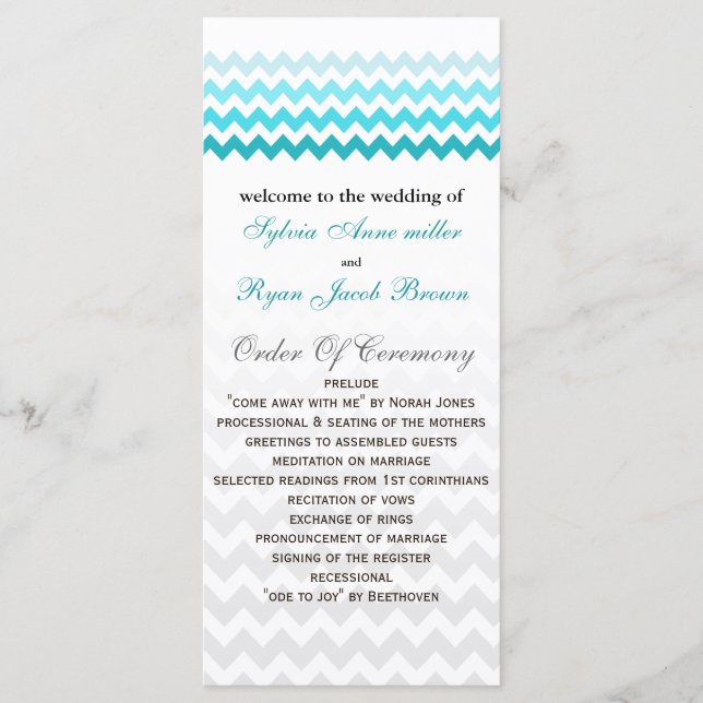 Mod chevron aqua Ombre Wedding program (Front)