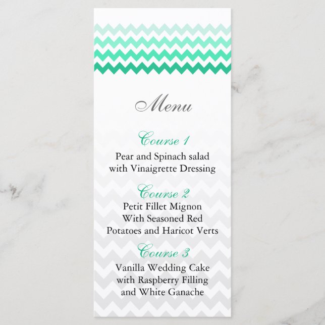 Mod chevron mint green Ombre wedding menu cards (Front)