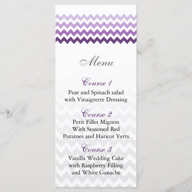 Mod chevron purple Ombre wedding menu cards (Front)