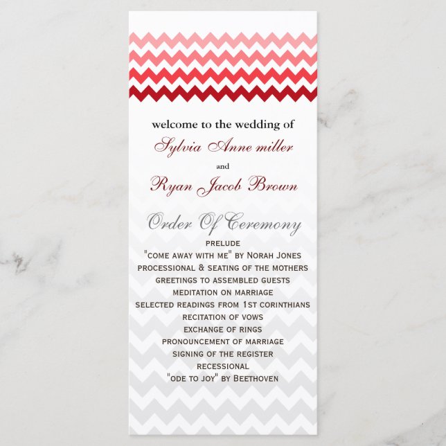 Mod chevron red Ombre Wedding program (Front)