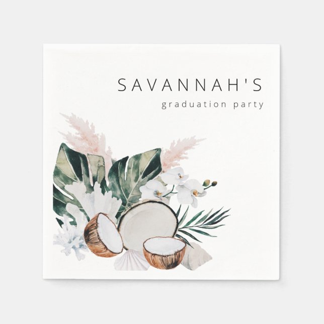 MOD Cocnut Coral & White Floral Name Party Napkin (Front)