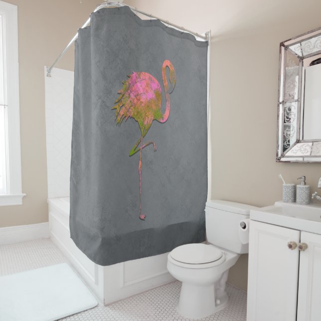 Mod Colourful Summer Flamingo Chic Modern Grey Shower Curtain (In Situ)